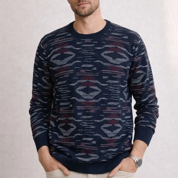 Frank And Oak Blue Ikat Print Sweater Mens XL Modern Heritage Retro 80s