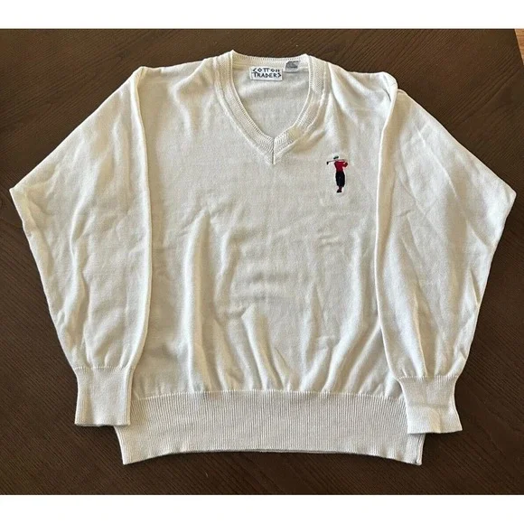 Vintage COTTON TRADERS White Knit GOLF V Neck Sweater Size M Medium‎