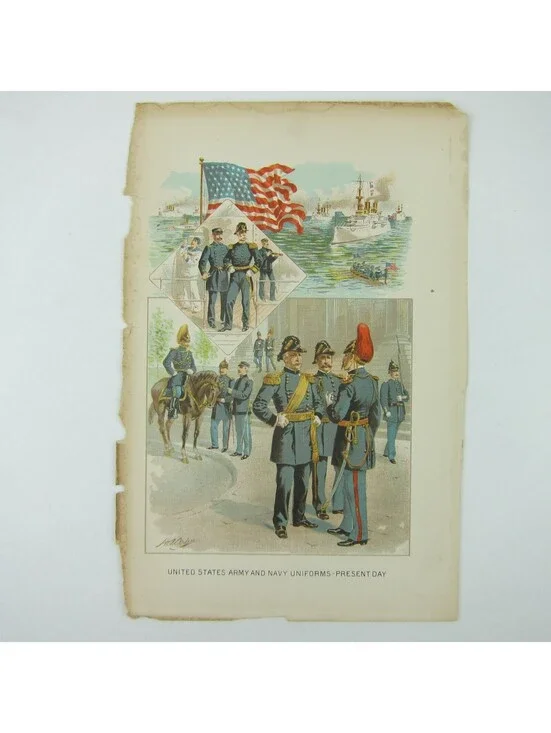 Chromolith Book Plate US Army & Navy Uniforms Spanish-American War Ogden Antique