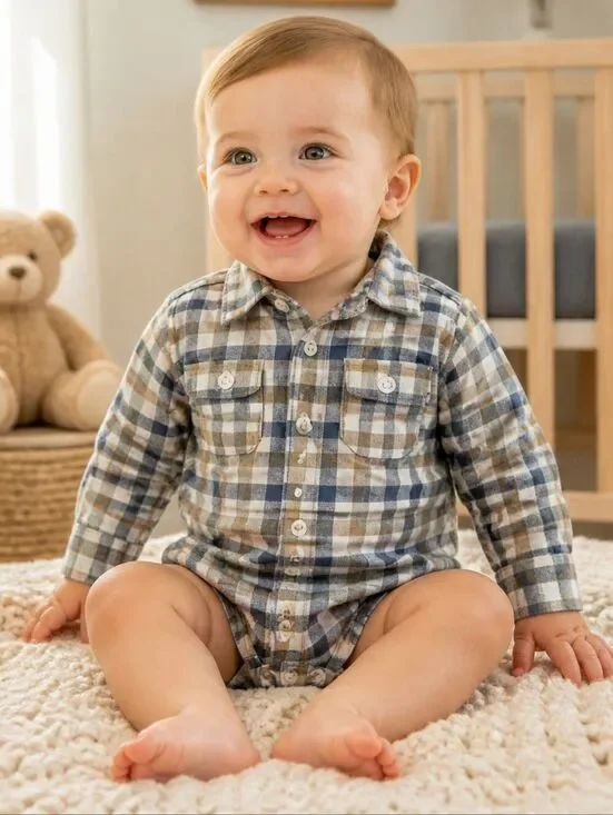 Baby Boy Cotton Flannel One-Piece Tan Plaid Long Sleeve Shirt Winter Western 18M