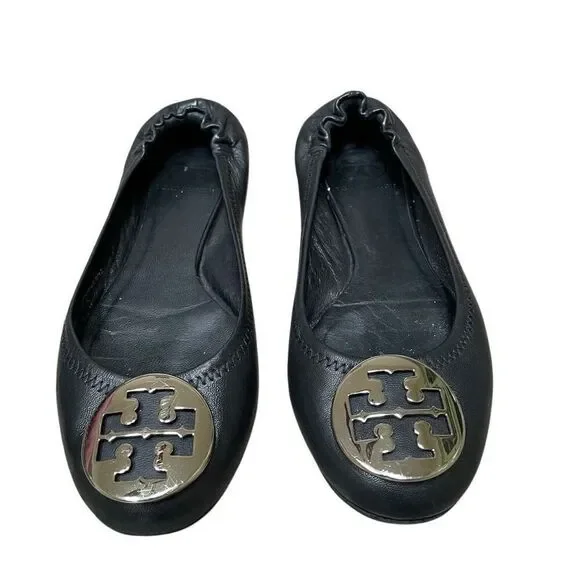 Tory Burch Reva Ballet Flats Women’s‎ 6.5 Travel Black Leather Silver Medallion