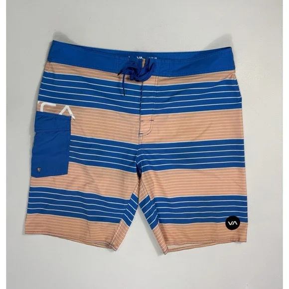 RVCA Men's 36x11 Board Shorts Swim Trunks Pocket Vacation Blue Peach Striped