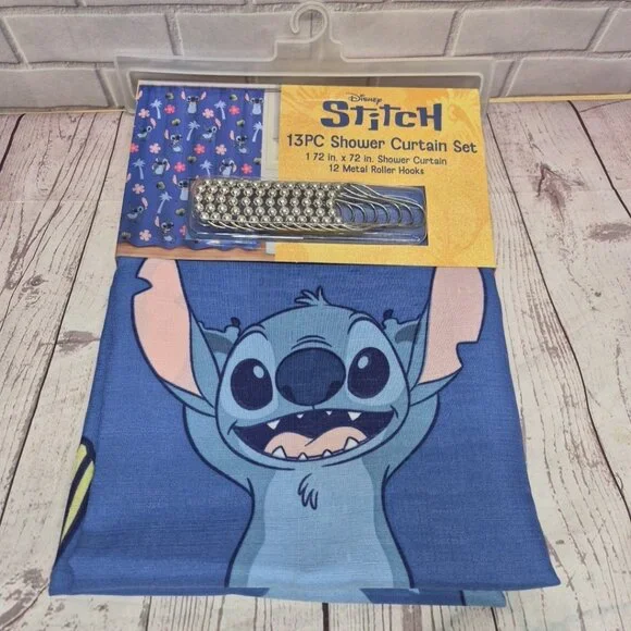 Disney Stitch Shower Curtain Set 72 In‎ X 72 In - 12 Metal Roller Hooks, New