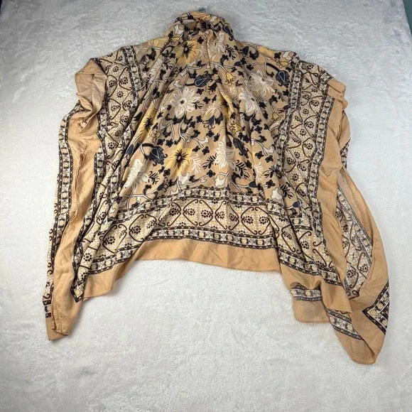 Time and Tru Floral Kimono Wrap Womens L/XL Tan Navy Boho Open Front Viscose