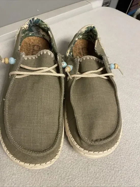 HEYDUDE Wendy Natural Rosemary Green Beaded Slip On Shoes Women's Size US 10