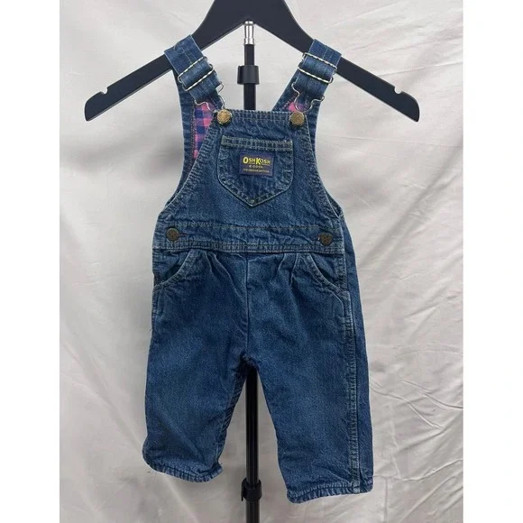 VTG 1995 Oshkosh Girls Denim Overalls Pink and Blue Checkered Flannel‎ Lined 18M