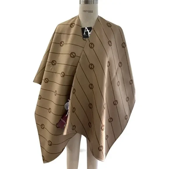 Gucci Interlocking G Striped Wool Poncho Cape Shawl Wrap – Brown Logo