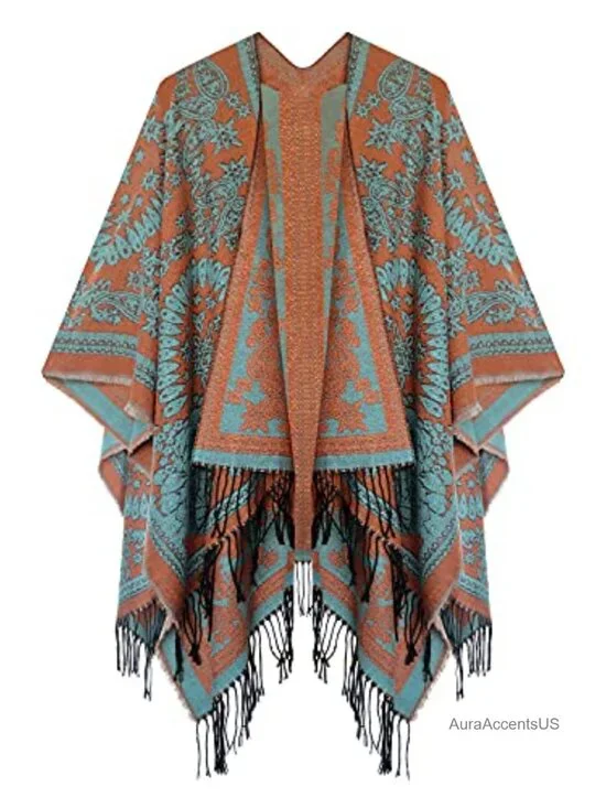Open Front Poncho Shawl Wrap Western Printed Tassel Reversible