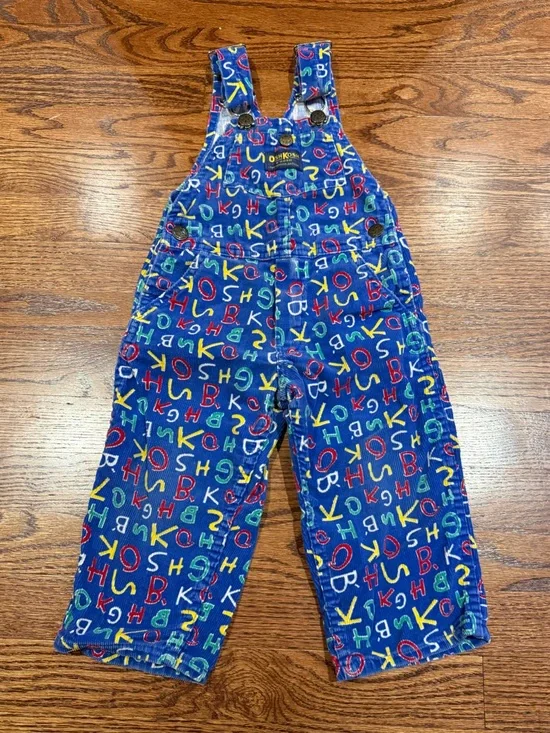 Vintage OshKosh B’gosh Blue Alphabet Print Corduroy Overalls 2T