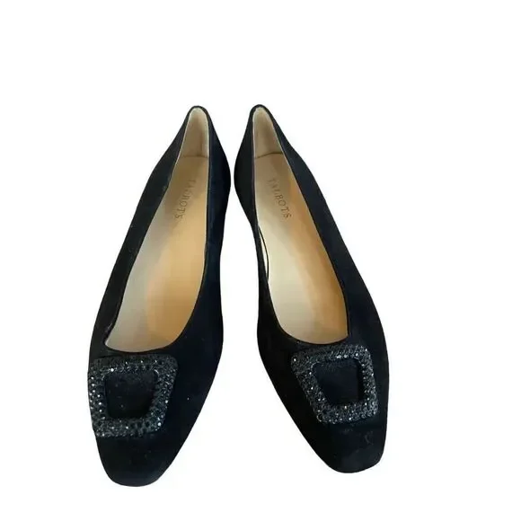 Talbots Womens Black Rhinestone Buckle Slip On Suede Flats Ballet Size 9