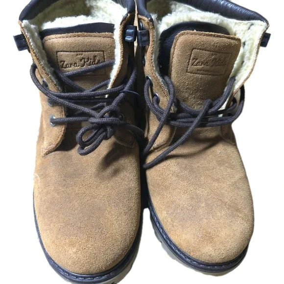 NWT Zara Kids Boys Brown Suede Faux Fur Lined Winter Boots Size 37 EU US 4.5‎