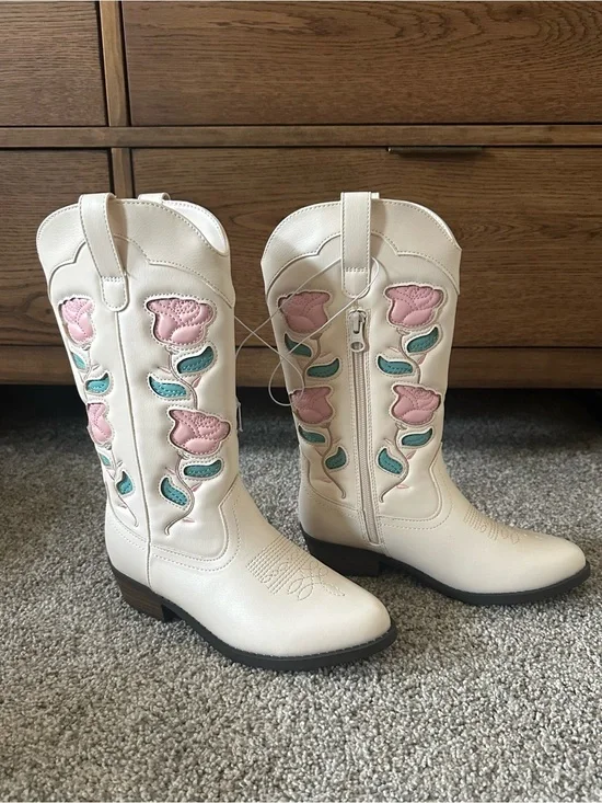 NWT art class Cream Kids' Western Boots with Pink Rose Floral & Teal Leaves