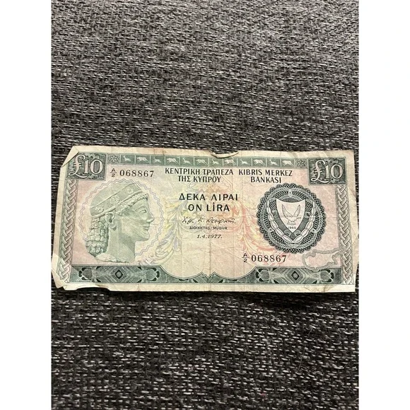 vintage 10 Pounds banknote issued by the Central Bank of Cyprus Currency Money