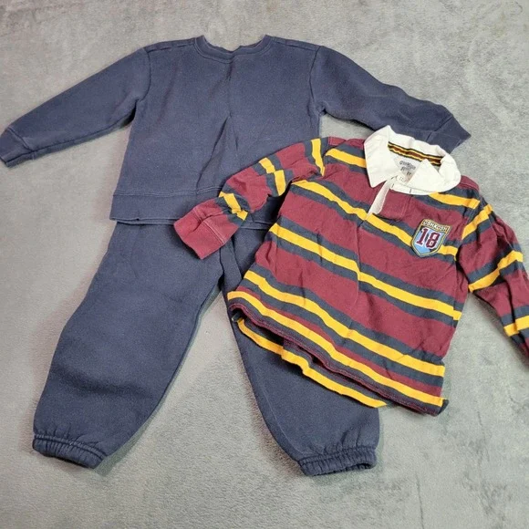 OshKosh Athletic Works Boys 3 Navy Burgundy Striped Rugby Sweatshirt Joggers Set