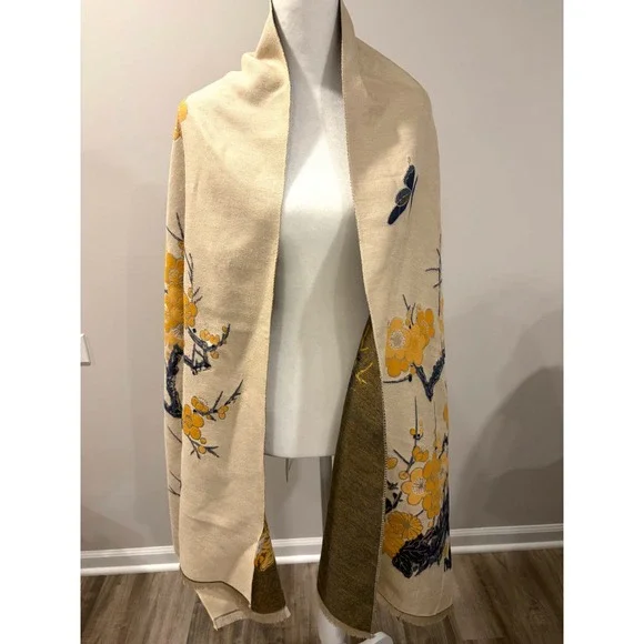 Reversible Floral Cherry Blossom Shawl Scarf Wrap Cream Olive Green‎ Pashmina