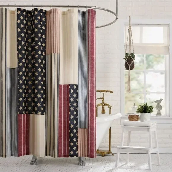 Americana Stars Stripes 100% Cotton Fabric Shower Curtain Farmhouse Cottagecore