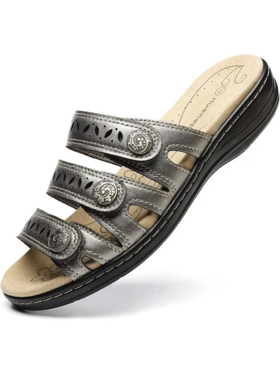Women's Comfort Leather Slides Flat Sandals Pewter Slip On Walking Slippers