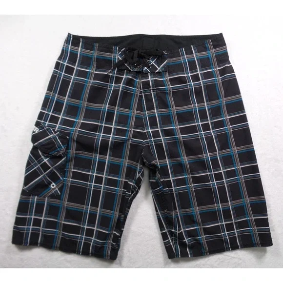 Quiksilver Shorts Mens 33‎ Black Plaid Stretch Boardshorts Pocket Drawstring