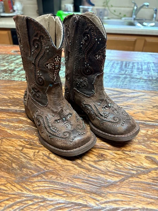 Roper Girls Toddler Cowboy Boots Vintage Brown Crystal Cross Western Boots Sz 6