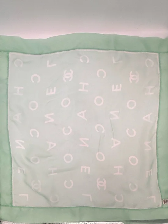 Vintage CHANEL 100% Silk Scarf Mint Green Logo CC Letter Print Made in Italy