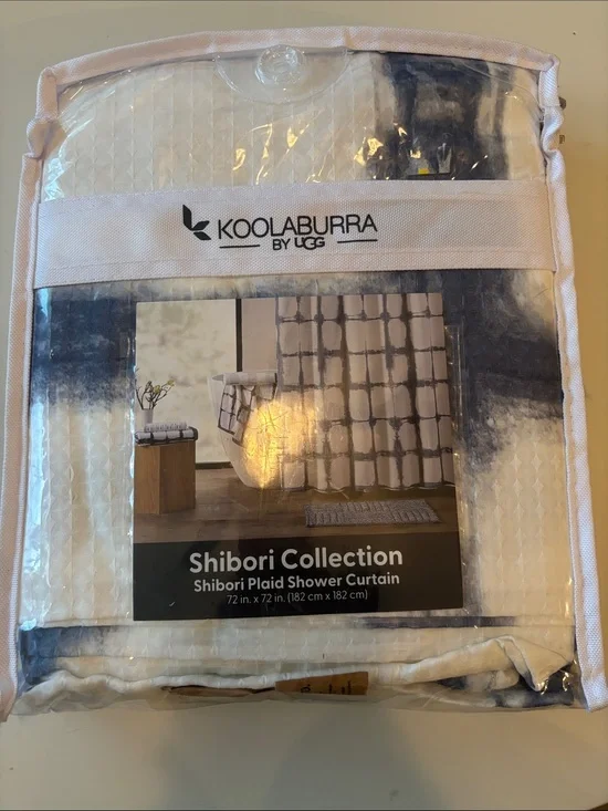 Koolaburra Shibori Plaid Shower Curtain - White & Navy Blue