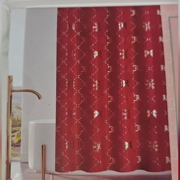Juicy Couture Curtain Red Gold Holiday Bow Shower Curtain Hooks Bathroom Decor