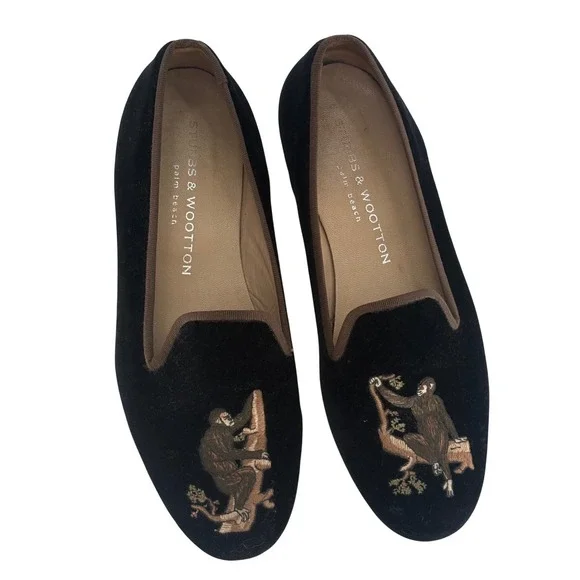 Stubbs & Wootton Velvet‎ Slippers Loafers Monkey Women Size 7 Black