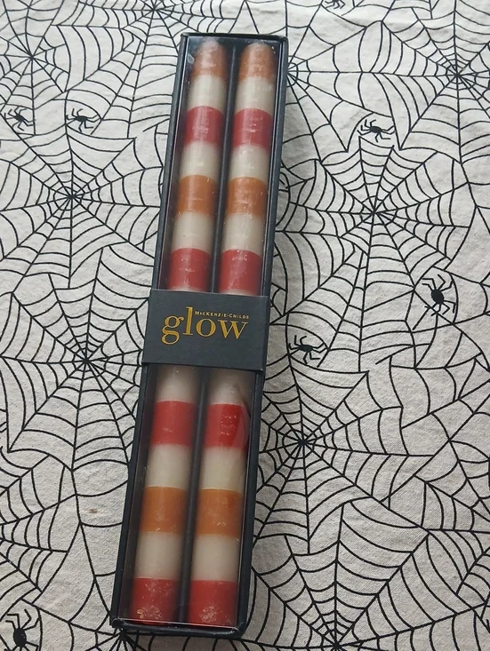 MacKenzie-Childs Glow Striped Taper Candles - Red, Orange, Cream - Set of 2