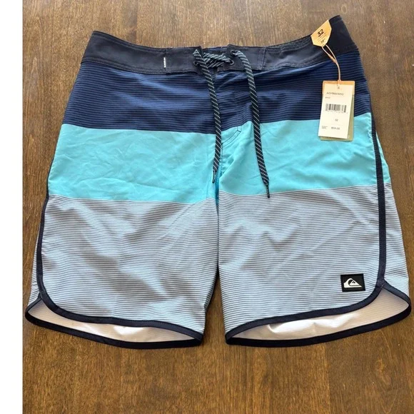 Quiksilver Mens Blue Teal Striped Board Shorts 32 AQYBS03653 Swim Trunks NWT