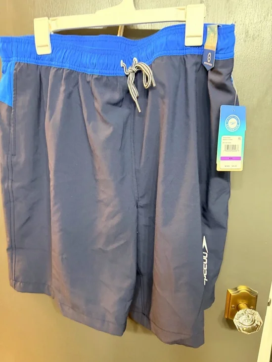 Speedo Men’s Navy Swim Trunks with Bright Blue Waistband
