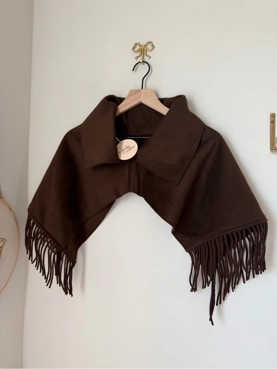 Camila Coelho Dark Brown Fringe Shawl Collar Cape