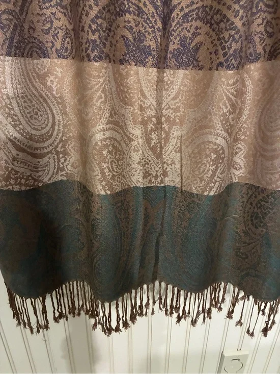 NWT Elegant Brown and Teal Paisley Throw Scarf with Fringe by Simply Noelle