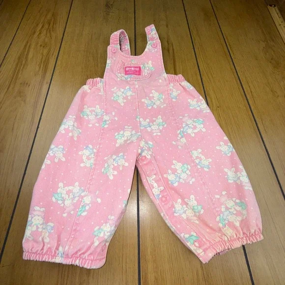 Vintage OshKosh Bgosh Pink Bunny Print Overalls Made in USA 18M‎ Vestbak Denim