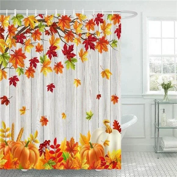 Fall Shower Curtain,Thanksgiving Pumpkin & Maple Leaves, Rustic Farmhouse 72x72
