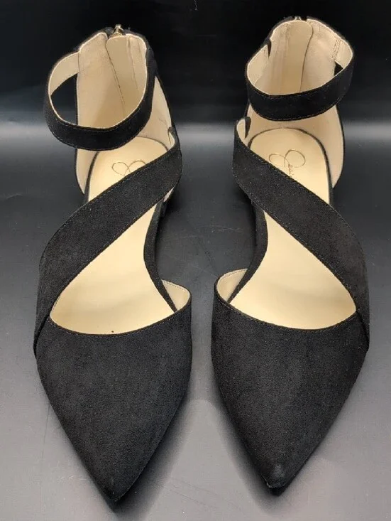 JESSICA SIMPSON Pointed Flats with Ankle Strap Cayleen Style Black Microsuede 10