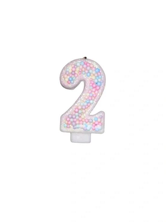White Number 2 Birthday Candle with Pastel Confetti Beads