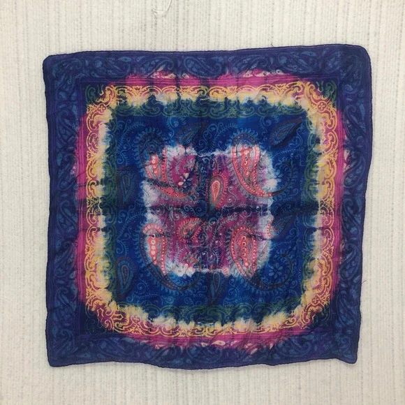 Vintage Hand Woven 100% Pure Silk Paisley Tie Dye Square Scarf Blue Pink 20x20
