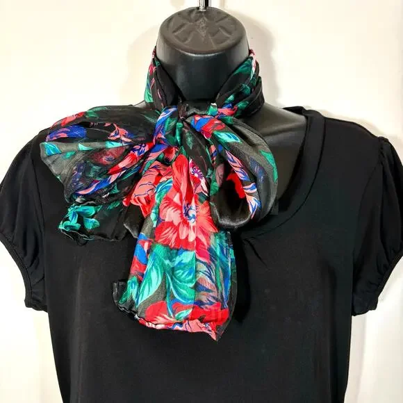 Black and Bright Floral Scarf Rectangle Striped Bow Retro Vintage 58
