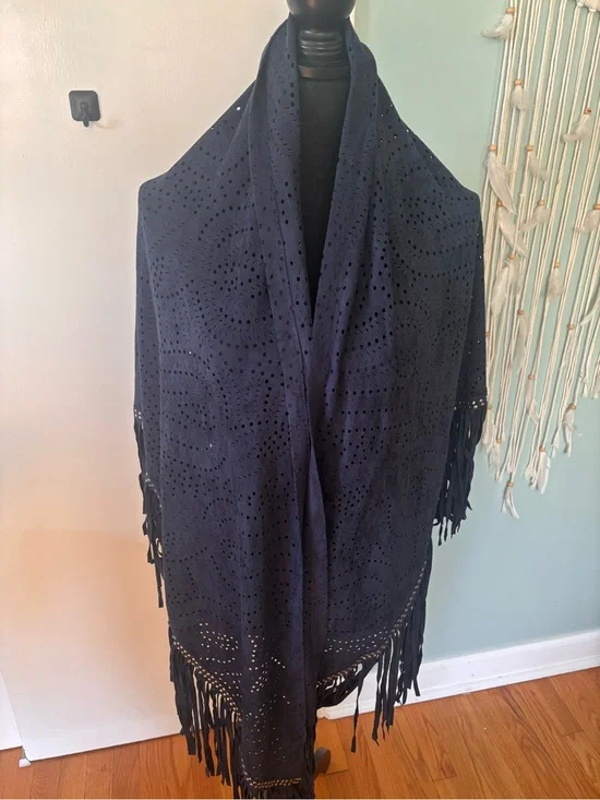 Fair Chilf Navy Blue Eyelet Fringe Shawl Wrap -