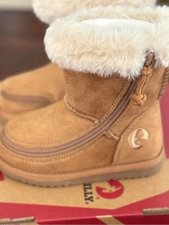 Kids Faux-Suede Winter Zip Boots with Plush Collar - Tan