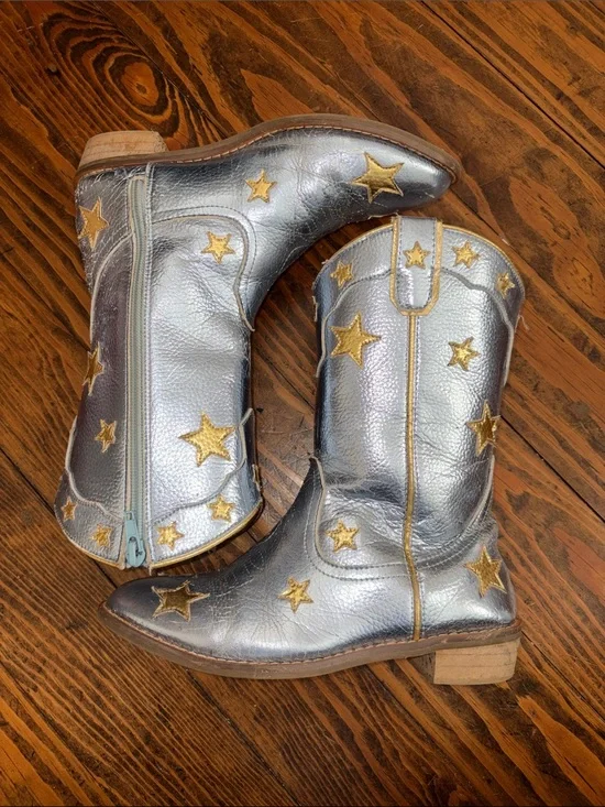 Wild + Rae Kids Metallic Silver Star Western Boots with Gold Star Accents