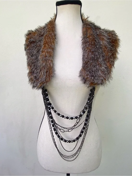 Y2K EURO Supertrash Faux Fox Fur & Pearl Chain Collar Stope Necklace One Size