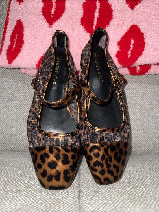 Lucky Step women's mesh Mary Jane leopard‎ print ballet flats