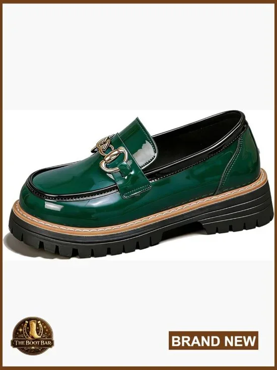 Chunky Heel Patent Leather Loafers Women Round Toe Lug Sole Platform Slip On