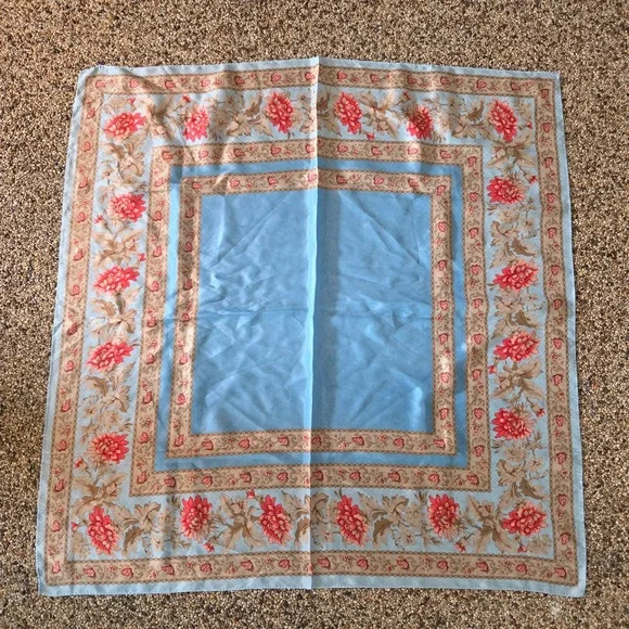 Vintage Floral Square Scarf Light Blue Red Chrysanthemum 31x31