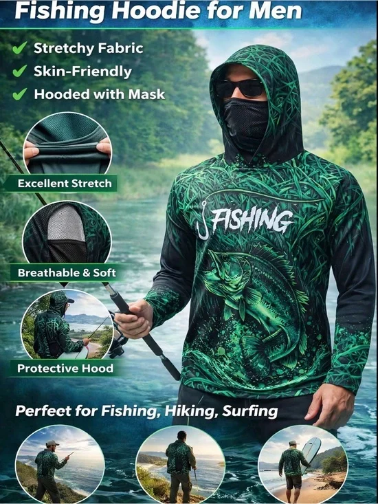 Fishing Hoodie for Men - Green Protective Hooded Sun Shirt