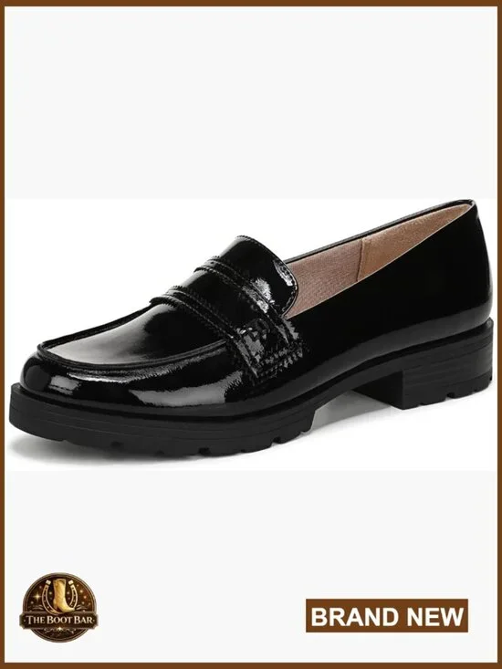 Chunky Loafers with Lug Sole, Slip-On, Block Heel, Faux Leather, Cushioned