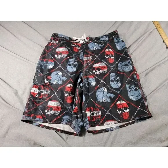 Joe Boxer Swim Trunks Board Shorts Men's Large Mesh lined Patriotic‎ Skull Heads