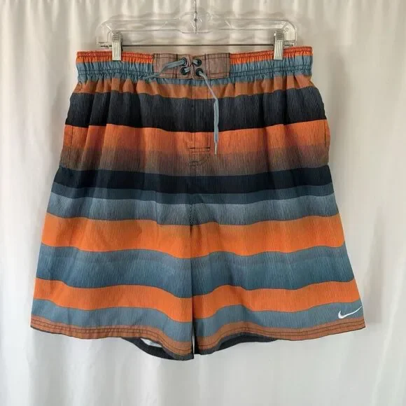 Nike Swim Trunks Men's XXL Orange Blue Striped Drawstring Lined Pockets Elastic