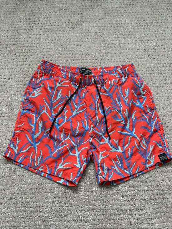 Scotch & Soda Red Coral-Pattern Swim Trunks with Blue Accents